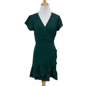 Sampeel Dress Womens M Medium Forest Ruffle Wrap V Neck Short Sleeve Tie Mini